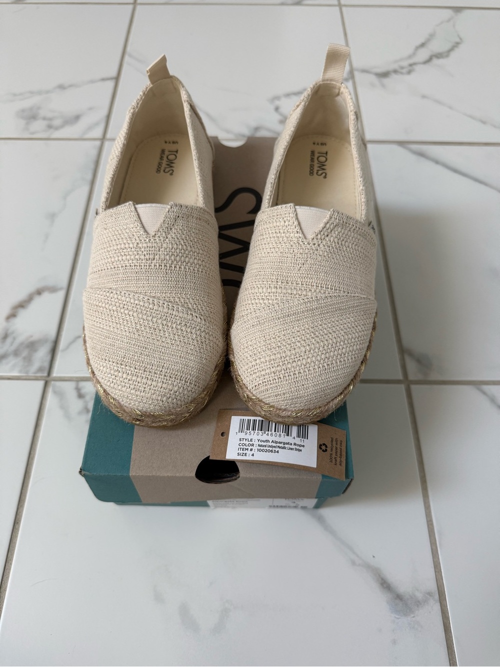 TOMS Girls size 4 Alpargata Rope Beige Knit Espadrille Slip-Ons